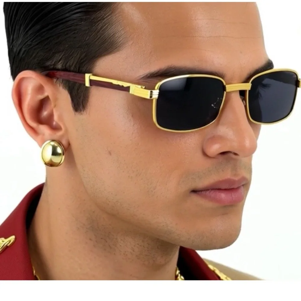 Gold Tone Rectangle Sunglasses Wood Arms Vintage Retro Mens Fashion Eyewear Buff
